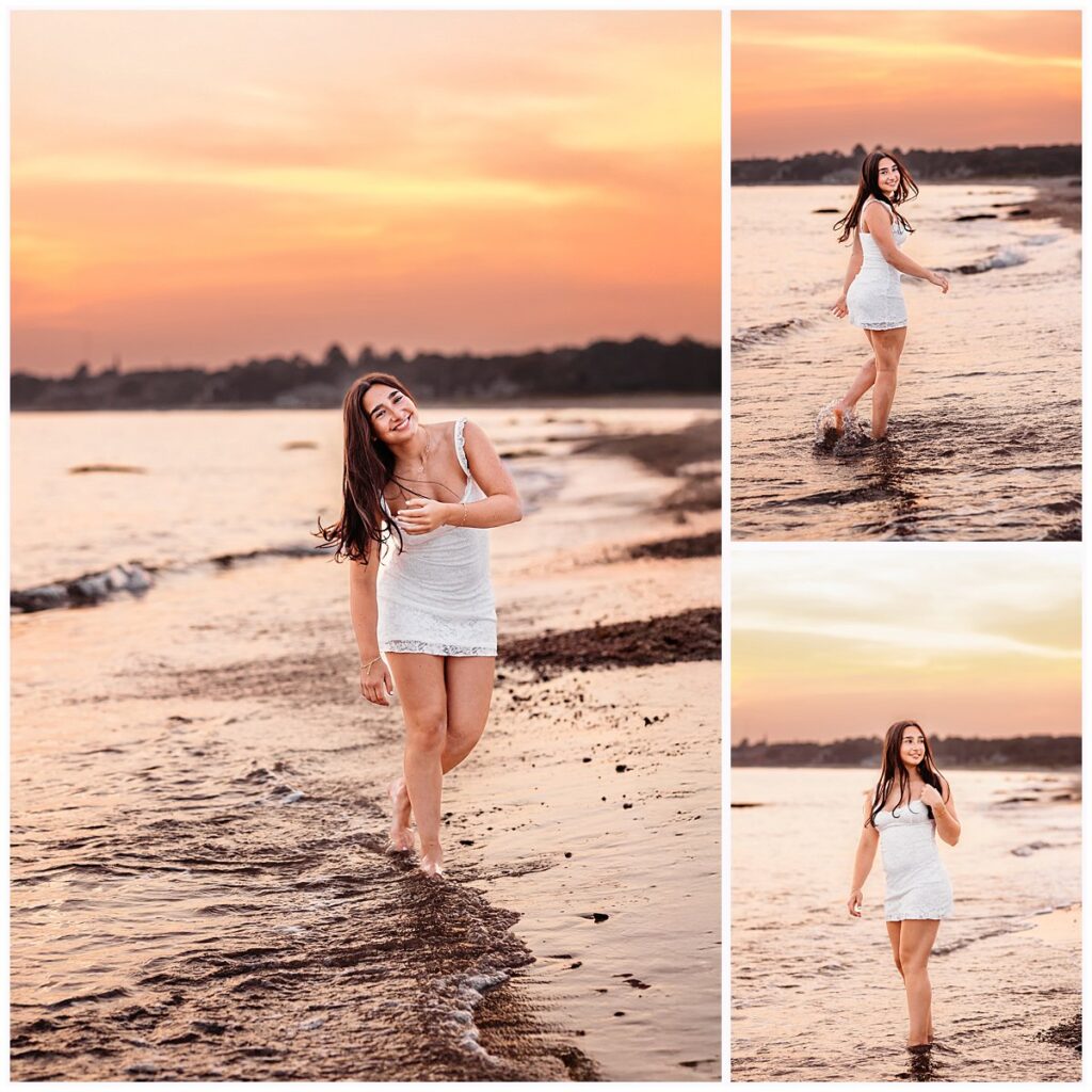 girl in short white dress at the beach, Waterford CT senior photographer