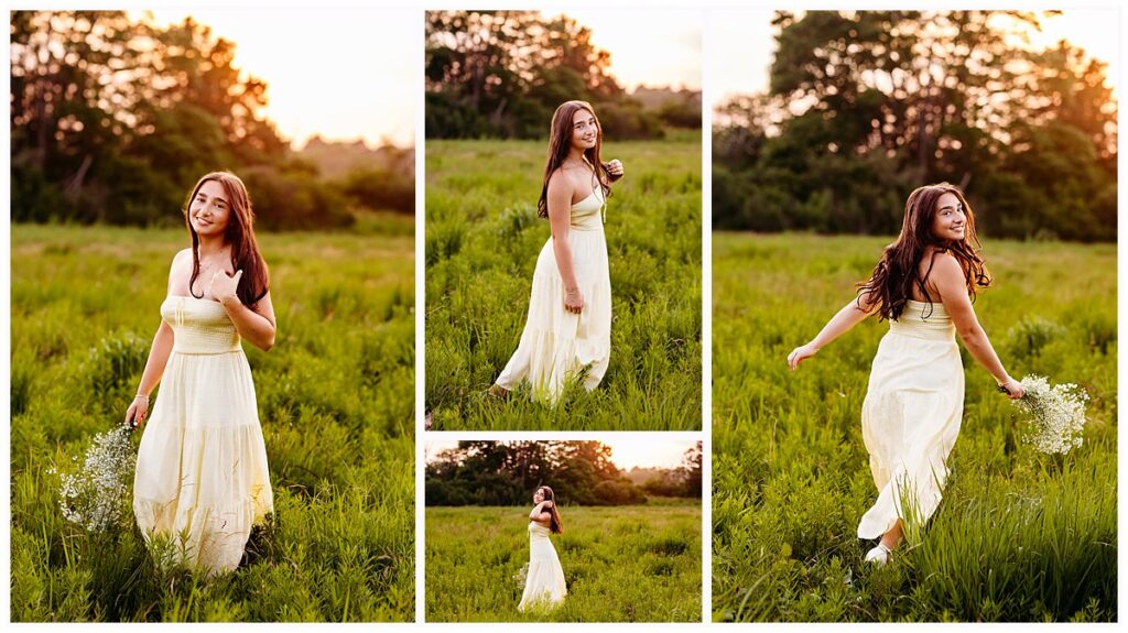 teenage girl in long yellow dress in a field of grasses and flowers for her harkness senior pictures photo session, CT shoreline senior photographer