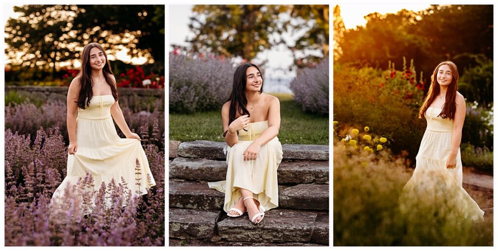 teenage girl in long yellow dress in a field of grasses and flowers for her harkness senior pictures photo session, CT shoreline senior photographer