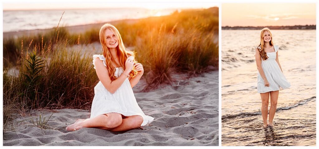 high school senior girl in white dress at the beach as the sun is setting. Madison, CT Hammonasset Photographer