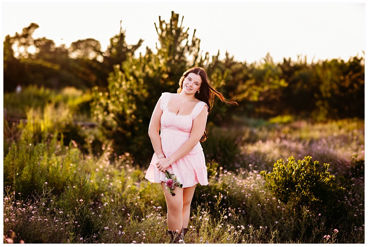 girl in pink dress and flowers, CT Shoreline senior photographer