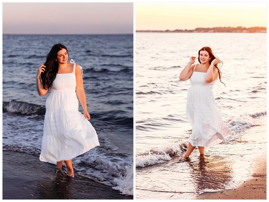 girl in long white dress at the beach for her Connecticut Shoreline Senior Pictures, Madison, CT photographer