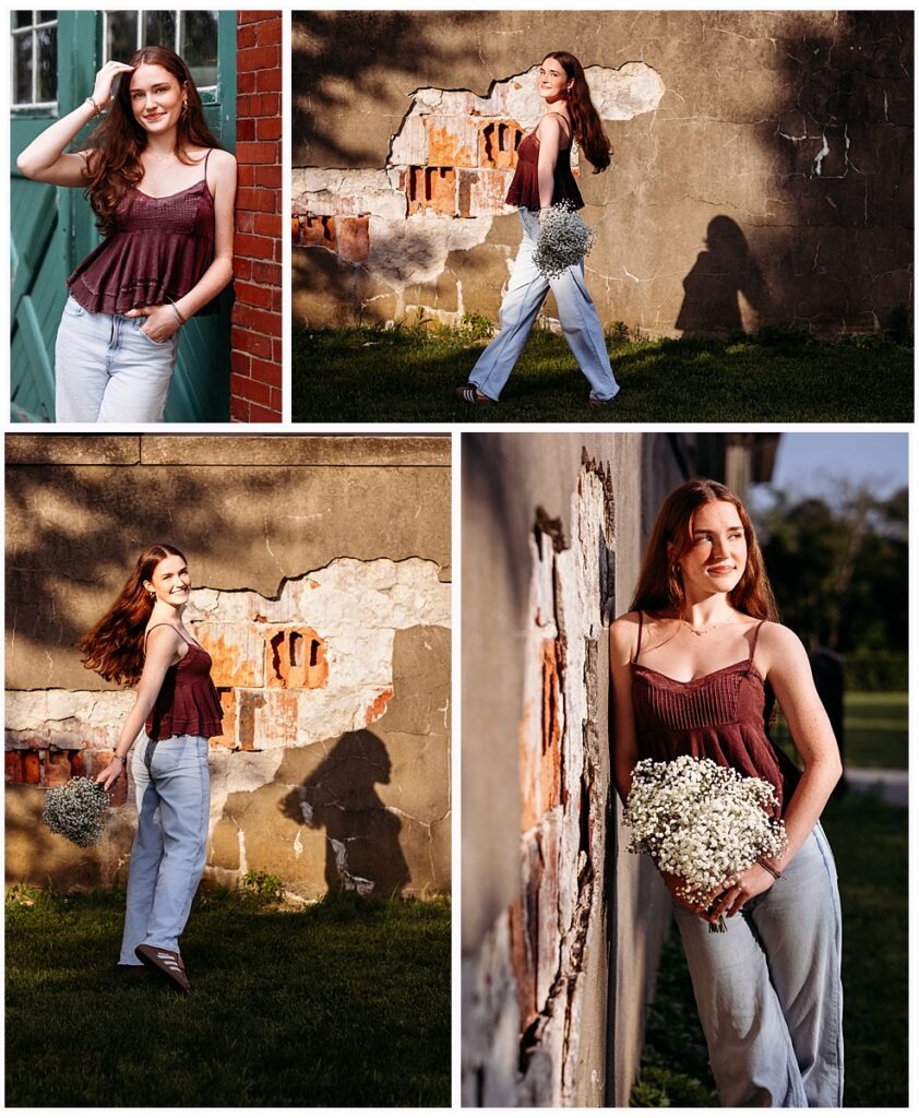 Senior Pictures in Connecticut featuring a burgundy top and jeans near the historic buildings at Harkness Memorial State Park.