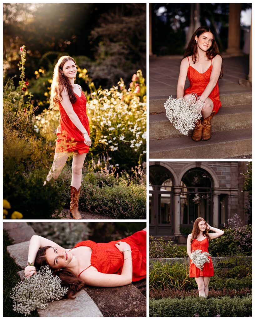 Red dress and cowboy boots photographed among the gardens and historic architecture at Harkness Memorial State Park in Waterford, Connecticut.