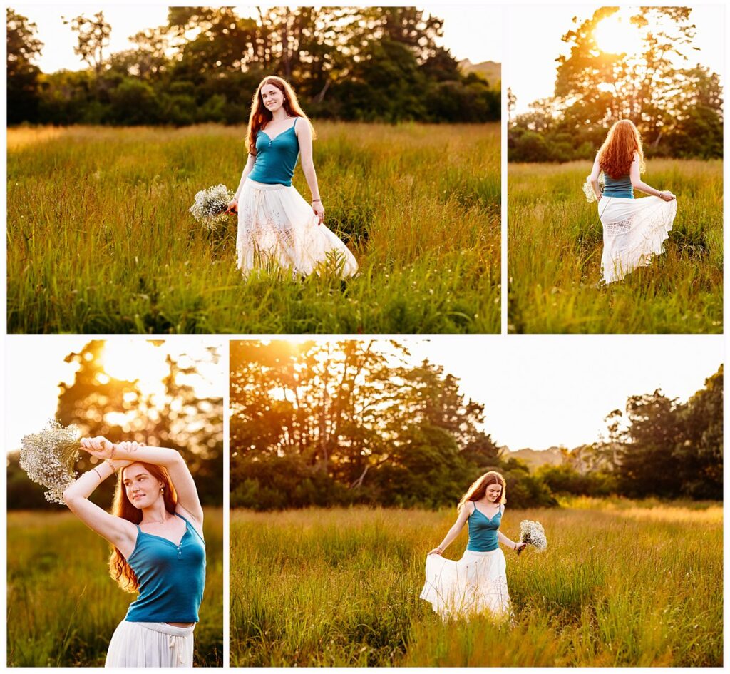 Teal top and flowing white skirt photographed in the golden fields at Harkness Memorial State Park in Waterford, Connecticut
