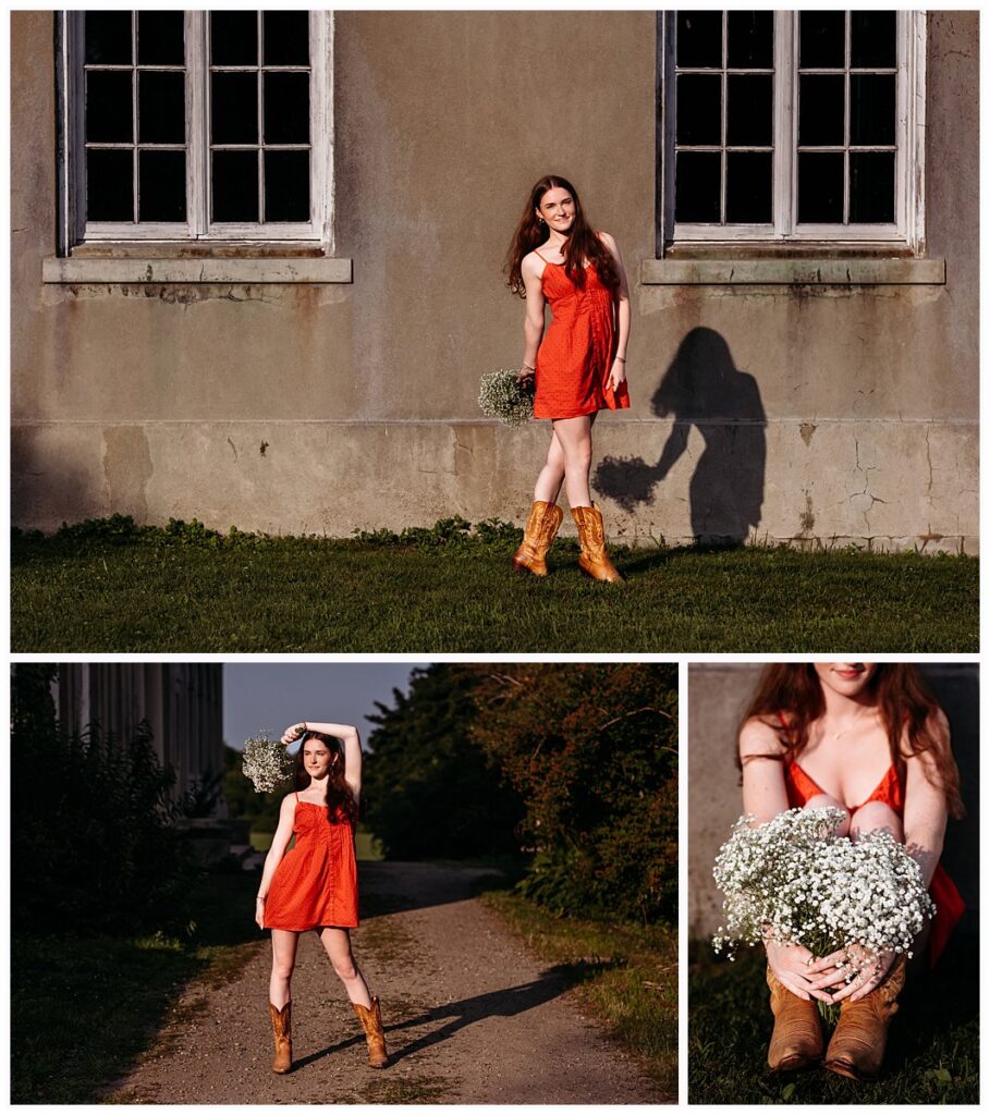 Red dress and cowboy boots photographed against the textured historic buildings at Harkness Memorial State Park in Waterford, Connecticut.