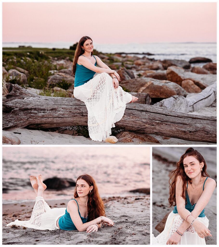 Senior portrait in a teal top and flowing white skirt along the rocky shoreline at Harkness Memorial State Park in Waterford, Connecticut