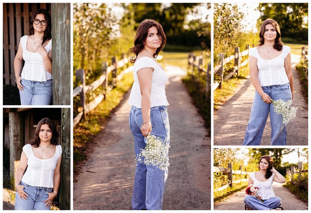 High school senior Lily in jeans and a white top at Hammonasset Beach in Madison, CT.