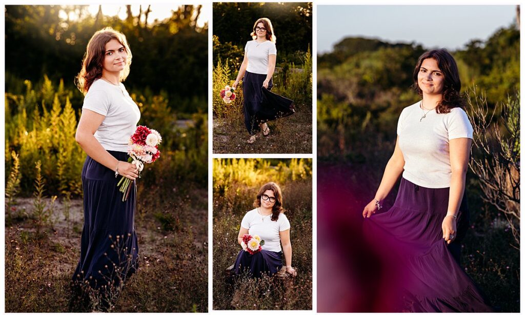 Lily in a white top and flowing purple skirt surrounded by golden beach grasses. Old Saybrook CT senior photographer