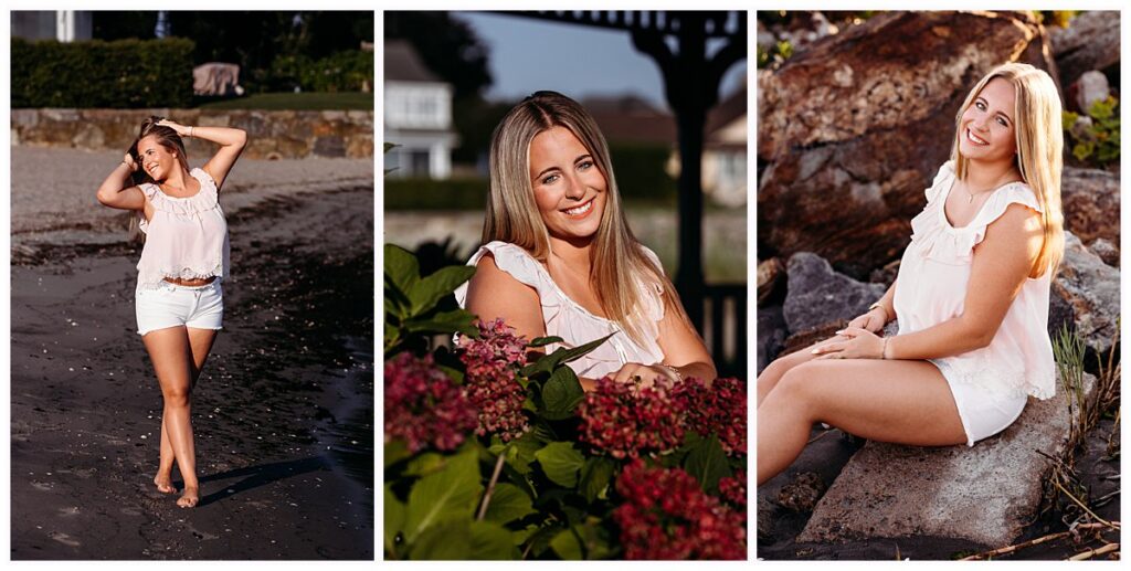 Casual summer senior portraits of Elle in a white top and shorts along the Old Saybrook waterfront, CT senior photographer