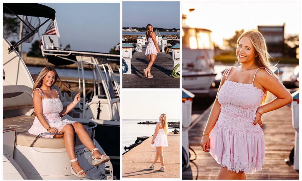 Old Saybrook Senior Session on a Boat featuring Elle posing on her family's boat and along the marina docks.