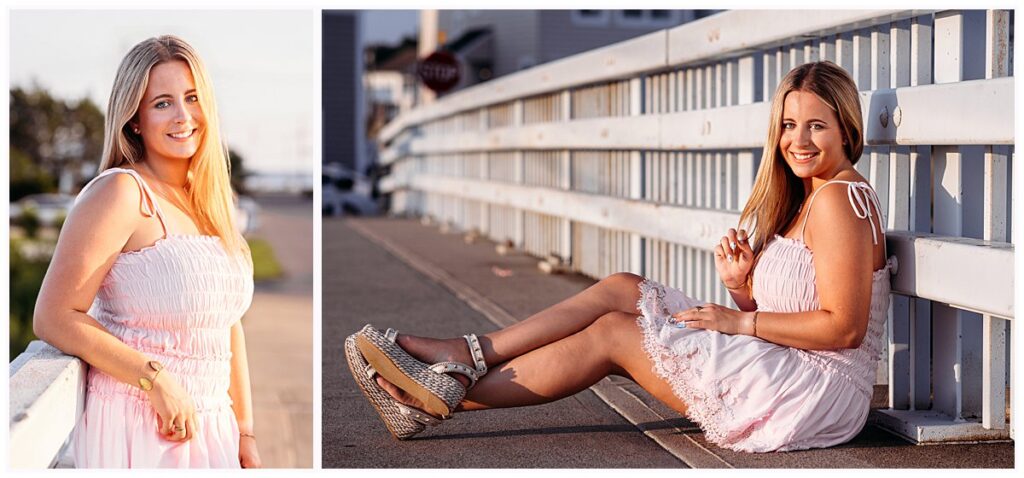 Elle wearing a pink summer dress for senior portraits along a white waterfront railing in Old Saybrook, CT.