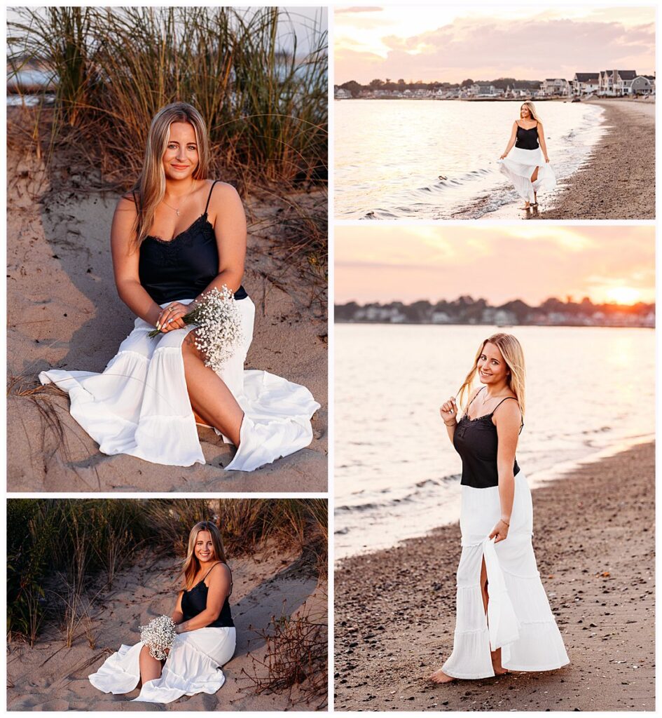 Old Saybrook Senior Session on a Boat featuring Elle in a flowing white skirt during golden hour on the Connecticut shoreline.